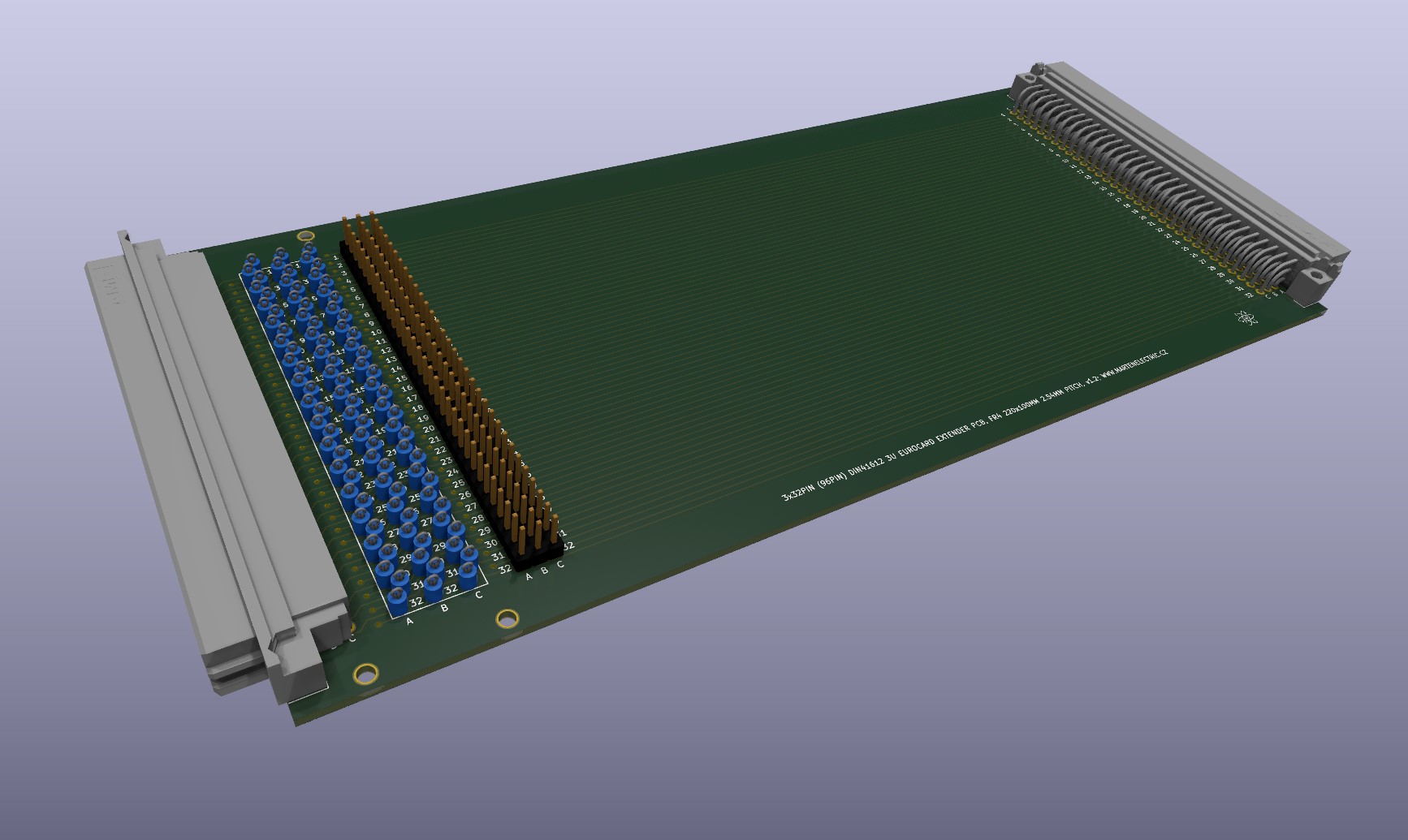 Eurocard DIN41612 3U riser extender PCB card 220mm with test points and PCB guide